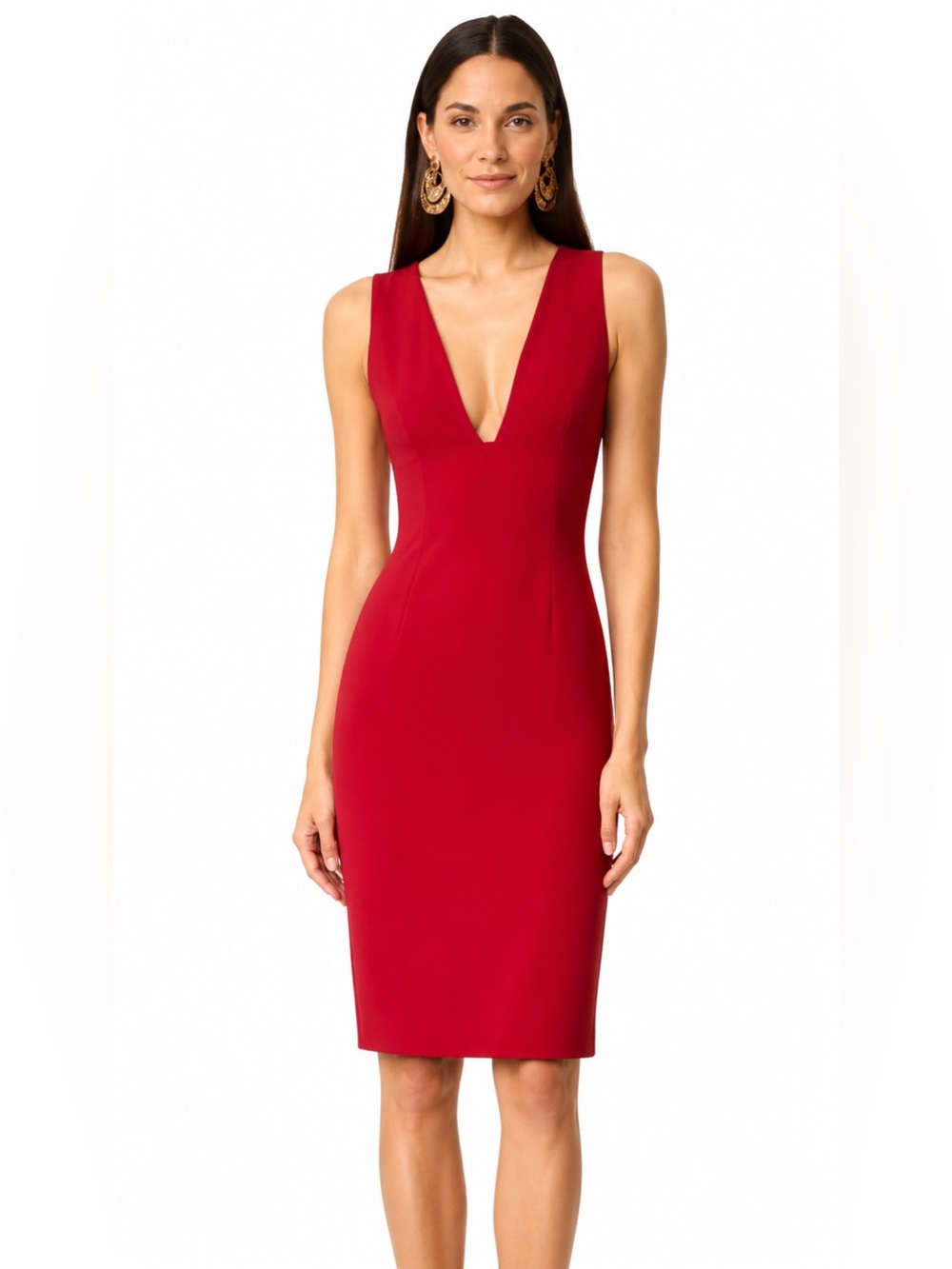 Alice + Olivia Esmira Fitted V-Neck Dress in red.